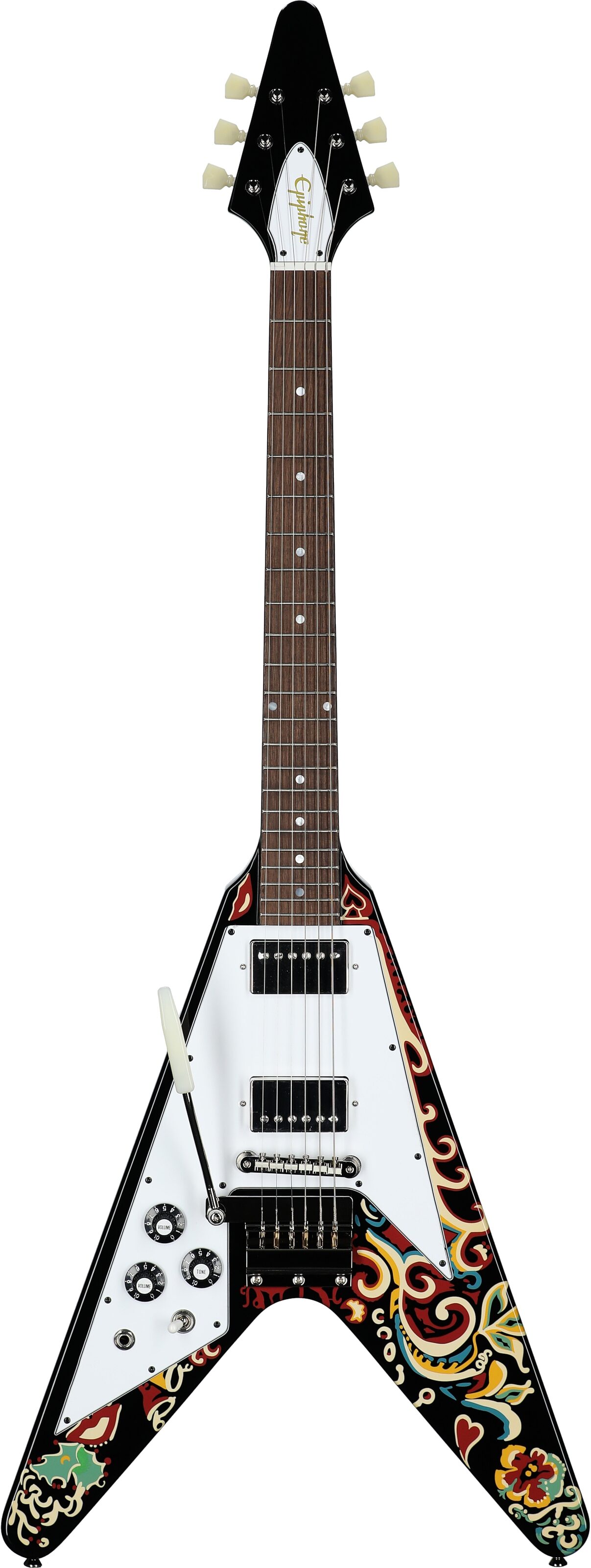 Epiphone Jimi Hendrix "Love Drops" Flying V Electric Guitar, Left-Handed (with Case) 2 Epiphone Jimi Hendrix "Love Drops" Flying V Electric Guitar, Left-Handed (with Case)