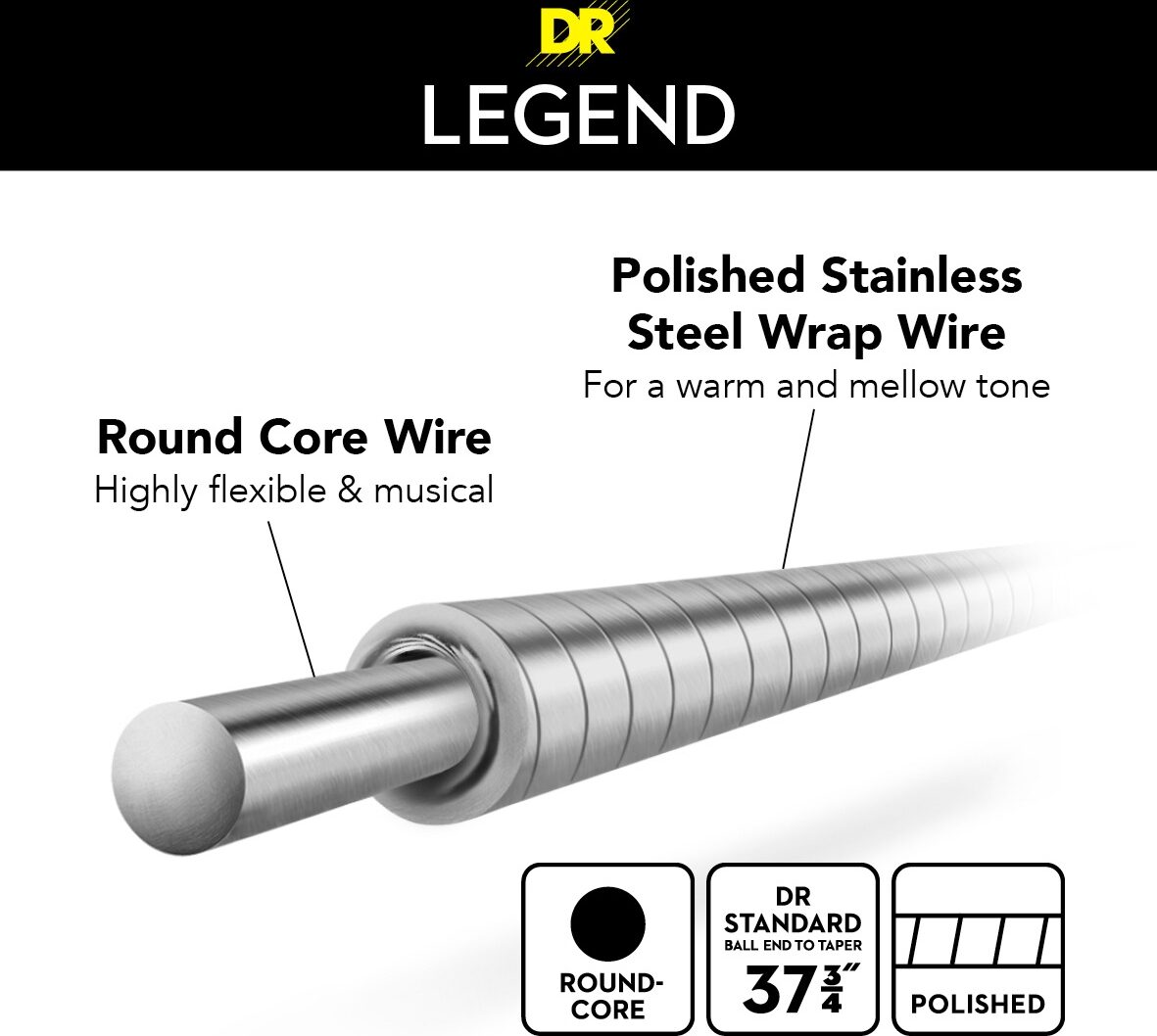 DR Strings Legend Polished Flatwound Stainless Steel Bass Strings 4 DR Strings Legend Polished Flatwound Stainless Steel Bass Strings